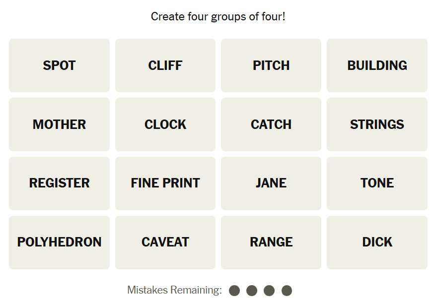 NYT Connections Unsolved Word Grid for 04.26.26