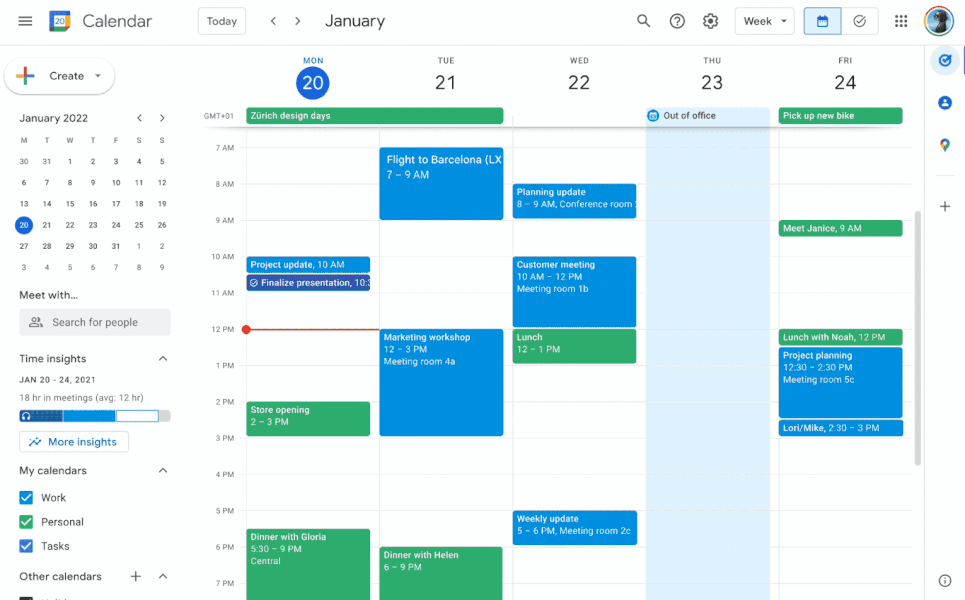 Full screen view of tasks on Google Calendar