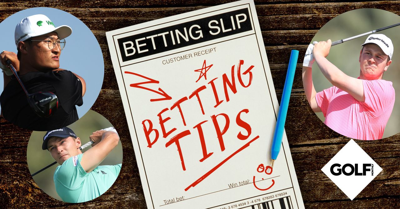 Betting slip graphic and three golfers