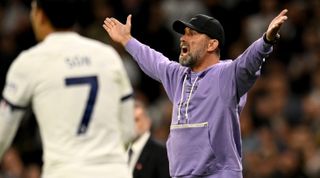 Jurgen Klopp manager of Liverpool reacting during the Premier League match between Tottenham Hotspur and Liverpool FC at Tottenham Hotspur Stadium on September 30, 2023 in London, England.