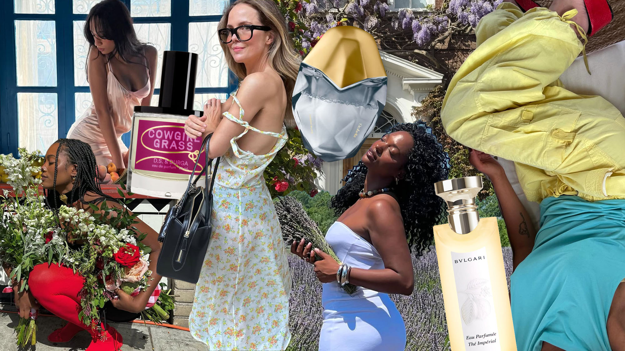 A collage of people in spring and summer outfits and environments, with perfumes layered on top.