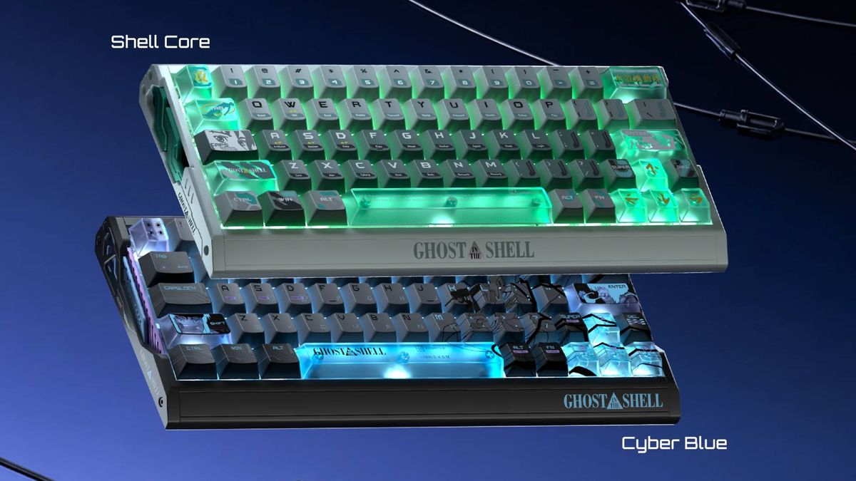 Image of both Ghost in the Shell edition keyboards with a blue background.