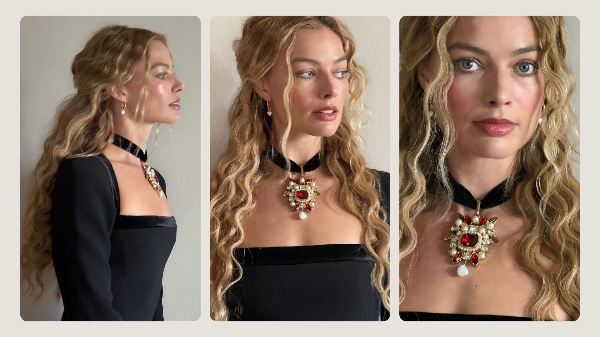 Margot Robbie with long hair and wavy hairstyle inspired by Wuthering Heights