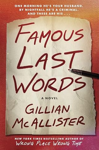 'Famous Last Words' book cover with a piece of paper and a pen writing the cover on it