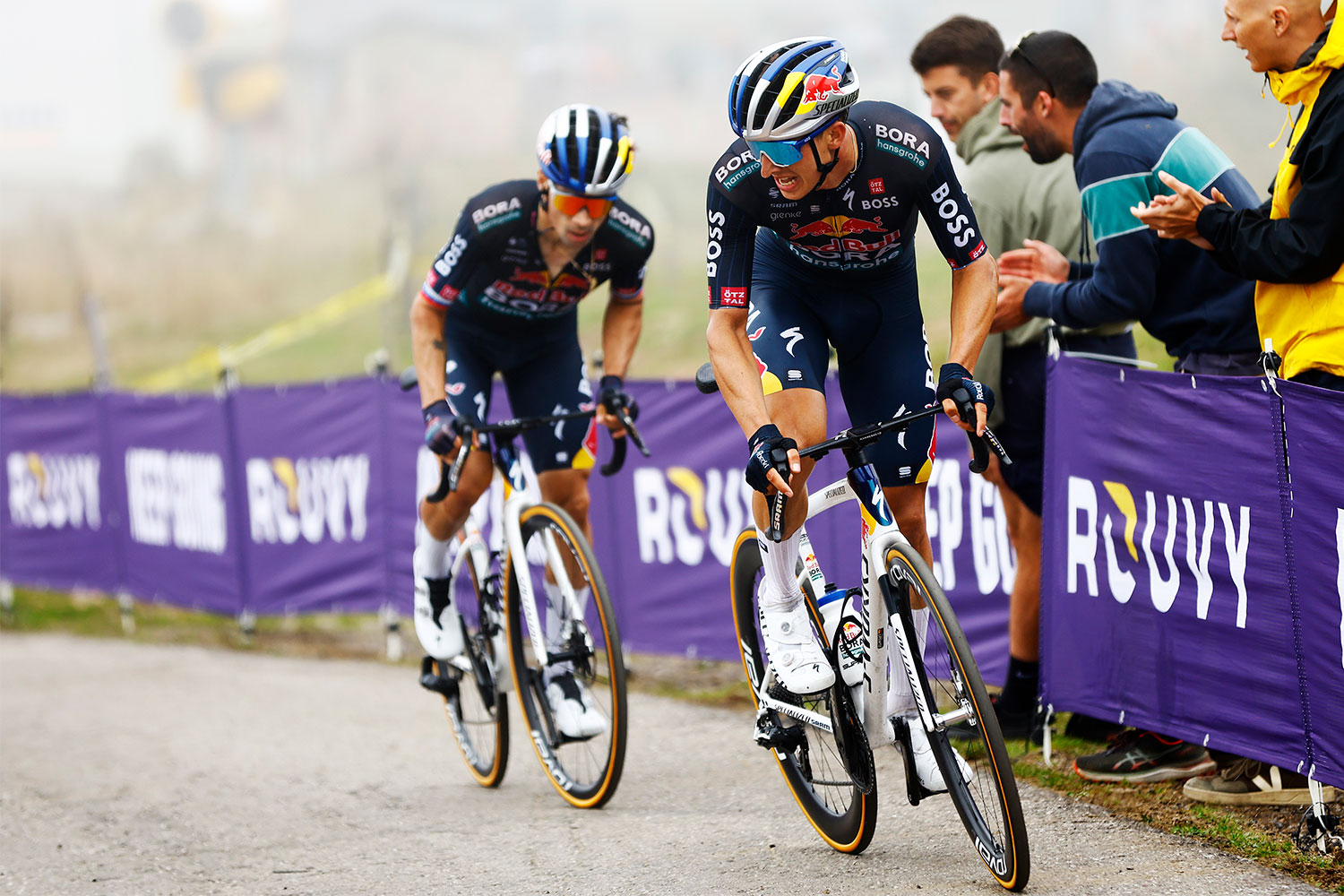 PAJARES, SPAIN - SEPTEMBER 01: (L-R) Primoz Roglic of Slovenia and Florian Lipowitz of Germany and Team Red Bull Bora - hansgrohe competes during the La Vuelta - 79th Tour of Spain 2024, Day 15 a 143km stage from Infiesto to Valgrande-Pajares. Cuitu Negru 1835m / #UCIWT / on September 01, 2024 in Pajares, Spain. (Photo by Luis Gomez - Pool/Getty Images)