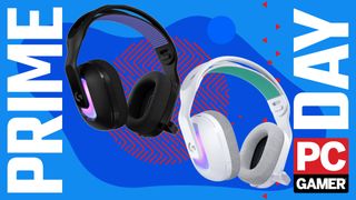 Two Logitech G522 Lightspeed Wireless Gaming Headsets - one in the black colourway, one in the white - float in the funky PC G Prime Day deal void.