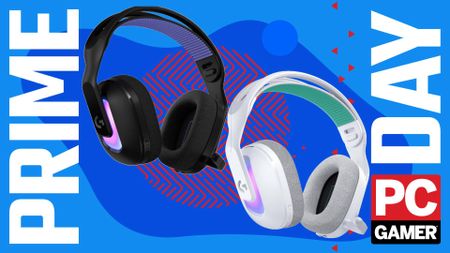 Two Logitech G522 Lightspeed Wireless Gaming Headsets - one in the black colourway, one in the white - float in the funky PC G Prime Day deal void.