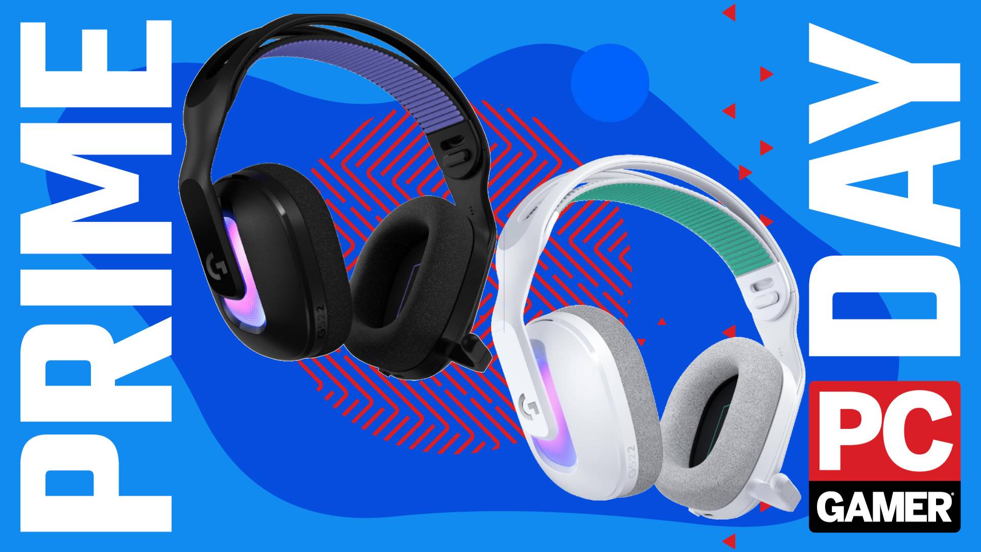 Two Logitech G522 Lightspeed Wireless Gaming Headsets - one in the black colourway, one in the white - float in the funky PC G Prime Day deal void.