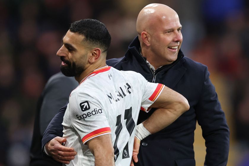 Arne Slot Manager of Liverpool celebrates with Mohamed Salah during the Premier League match between AFC Bournemouth and Liverpool FC at Vitality Stadium on February 01, 2025 in Bournemouth, England.