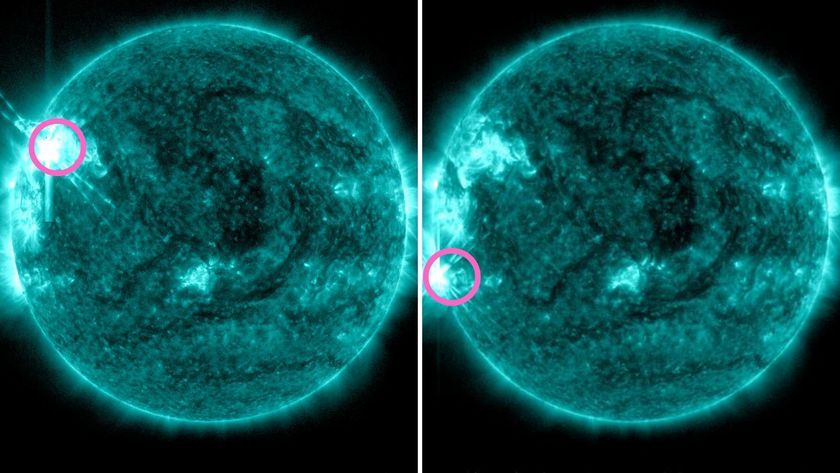 two panel image showing the location of the two X-class solar flares from Nov. 4 2025.