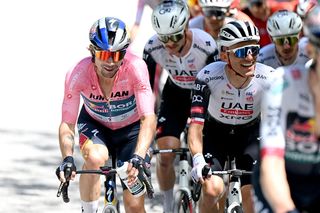 CASTELRAIMONDO ITALY MAY 17 LR Primoz Roglic of Slovenia Pink Leader Jersey and Rafal Majka of Poland and Team UAE Team Emirates XRG compete during the 108th Giro dItalia 2025 Stage 8 a 197km stage from Giulianova to Castelraimondo UCIWT on May 17 2025 in Castelraimondo Italy Photo by Dario BelingheriGetty Images