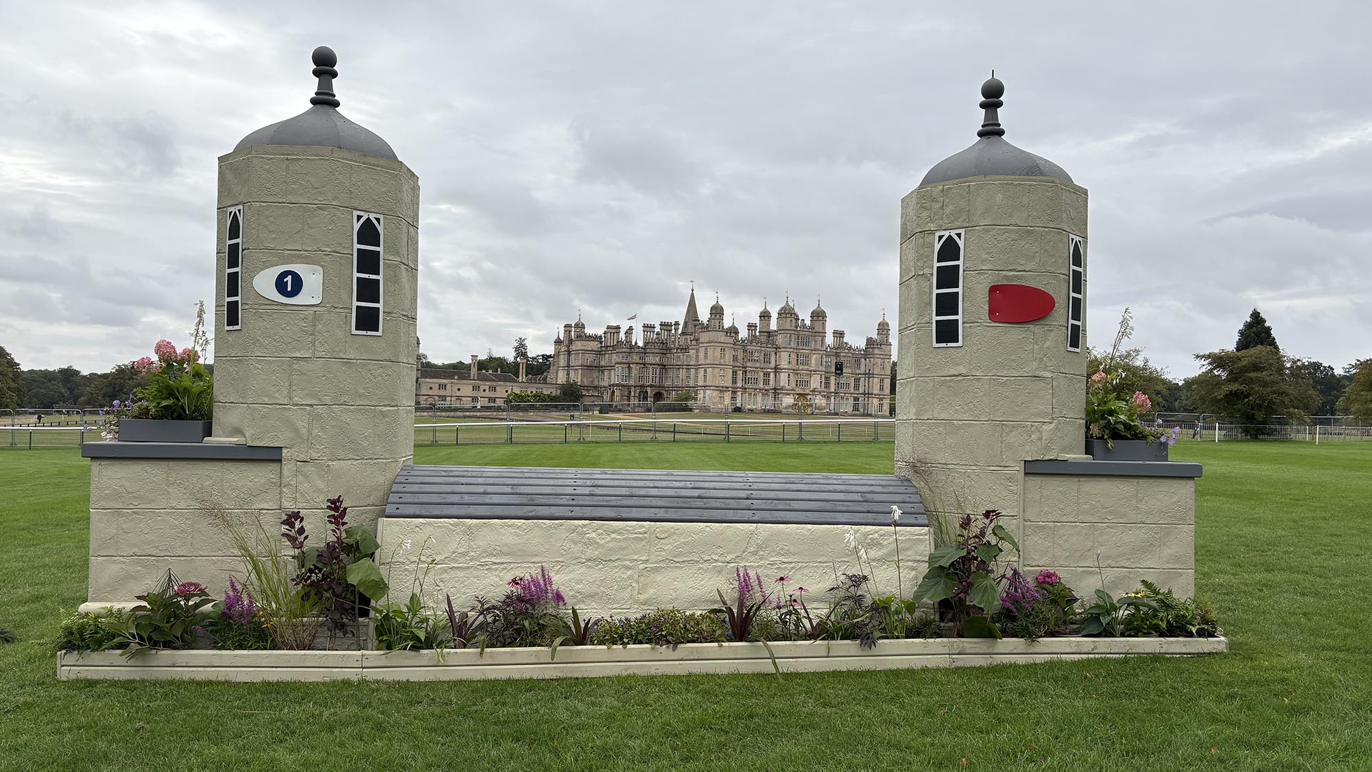 Fence shaped like stone house and turrets on the Burghley cross-country course 2026