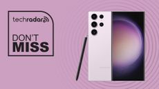 Samsung Galaxy S23 Ultra in purple background with don't miss text overlay