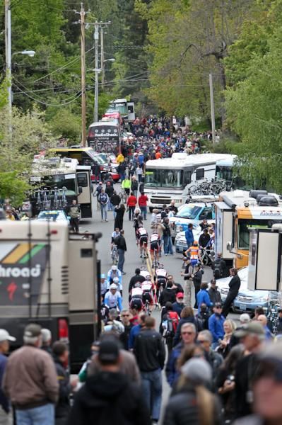 Team buses crowd the streets of Nevada City
