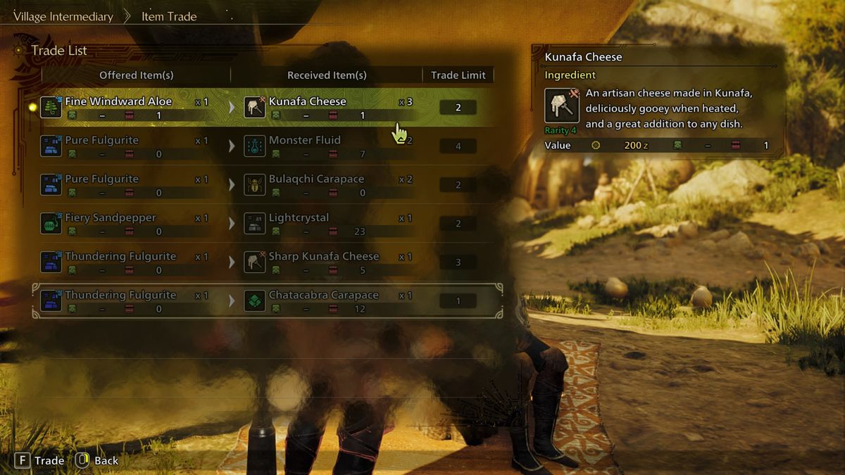 Monster Hunter Wilds - The Item Trade window displaying Kunafa Cheese.