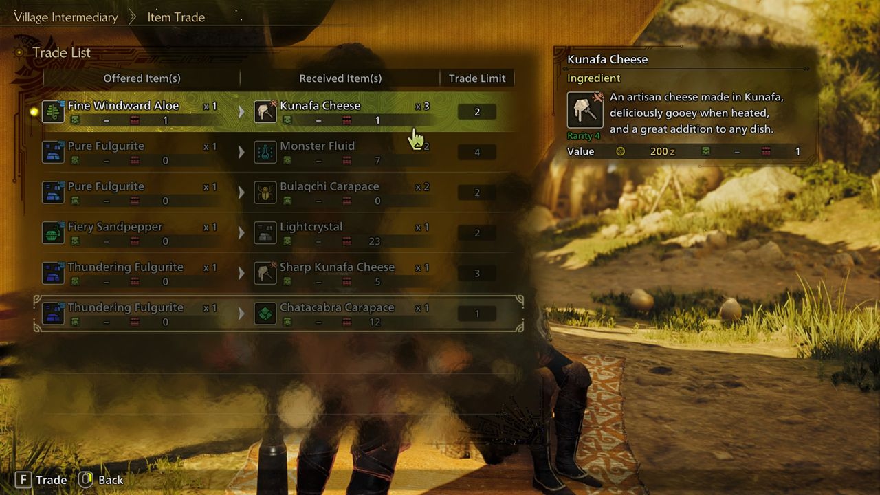 Monster Hunter Wilds - The Item Trade window displaying Kunafa Cheese.