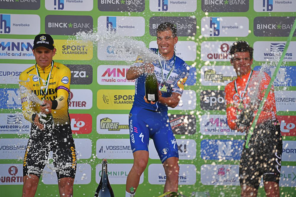 Wout Van Aert (Jumbo-Visma), Zdeněk &Scaron;tybar (Deceuninck-QuickStep) and Greg Van Avermaet (CCC Team) celebrate on the E3 Binck Bank Classic podium
