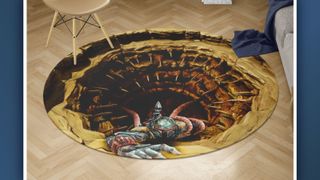 A shot of a Star Wars themed optical illusion rug on a wooden floor