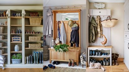 An example of mudroom storage ideas showing a selection of mudrooms with shelving, coat hooks and baskets