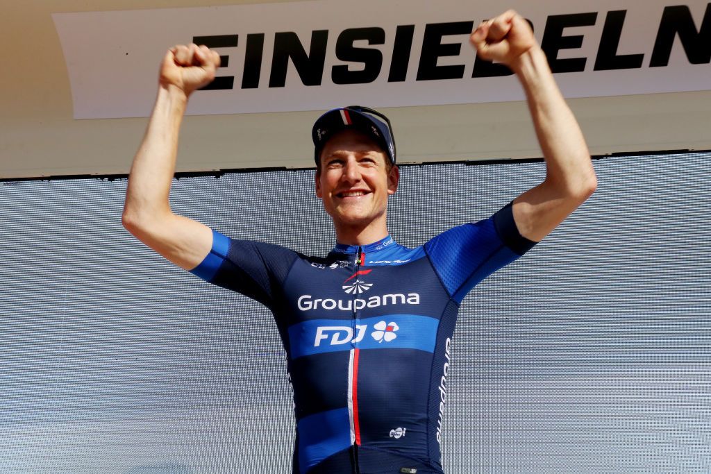 EINSIEDELN SWITZERLAND JUNE 11 Stefan Kng of Switzerland and Team GroupamaFDJ celebrates at podium as stage winner during the 86th Tour de Suisse 2023 Stage 1 a 127km individual time trial stage from Einsiedeln to Einsiedeln UCIWT on June 11 2023 in Einsiedeln Switzerland Photo by Heinz ZwickyGetty Images