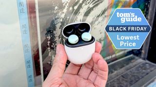 Pixel Buds 2 Pro case held in the hand with Black Friday badge nearby.