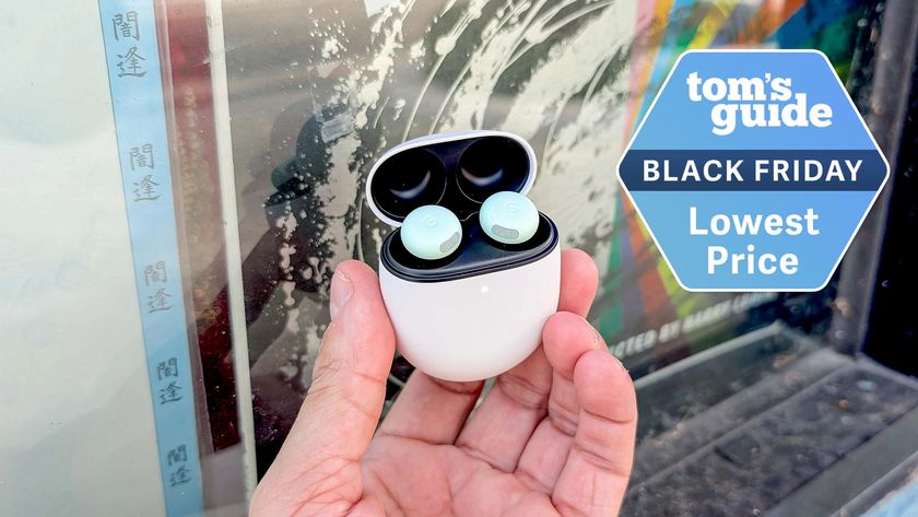 Pixel Buds 2 Pro case held in the hand with Black Friday badge nearby.