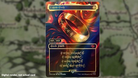 A digital render of the special One Ring card from MTG Lord of the Rings, placed against a blurred map backdrop