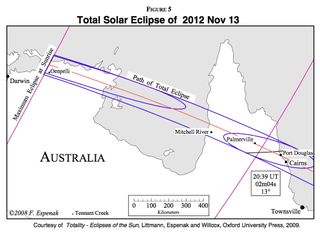 This map shows the path of the total solar eclipse over Australia on Nov. 13, 2012.