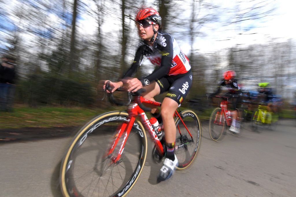 OETINGEN BELGIUM MARCH 14 Alana Castrique of Belgium and Lotto Soudal Ladies Team during the 1st GP Oetingen Womens Elite a 120km race from Oetingen to Oetingen gpoetingen on March 14 2021 in Oetingen Belgium Photo by Luc ClaessenGetty Images