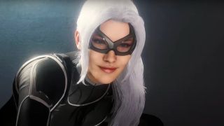 Black Cat crouches smiling in costume in Marvel's Spider-Man: The City That Never Sleeps - 