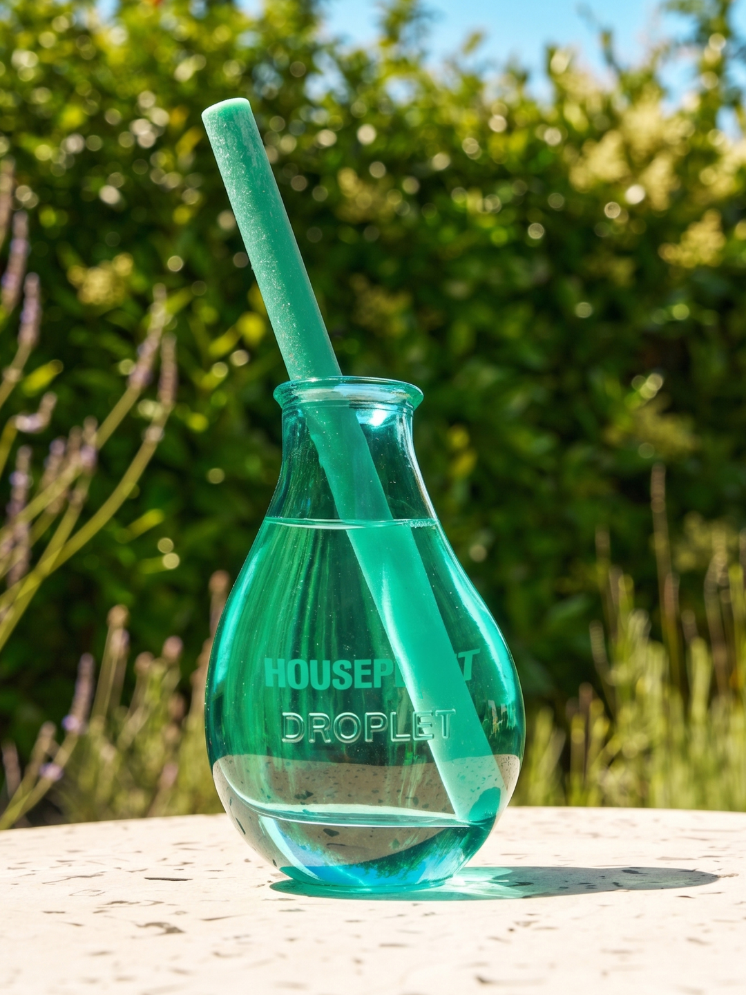 A green glass reed diffuser with a single green reed from Houseplant x Droplet