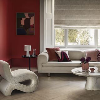 best colour combinations, red and white living room, modern scheme, red walls, off white furniture and flooring