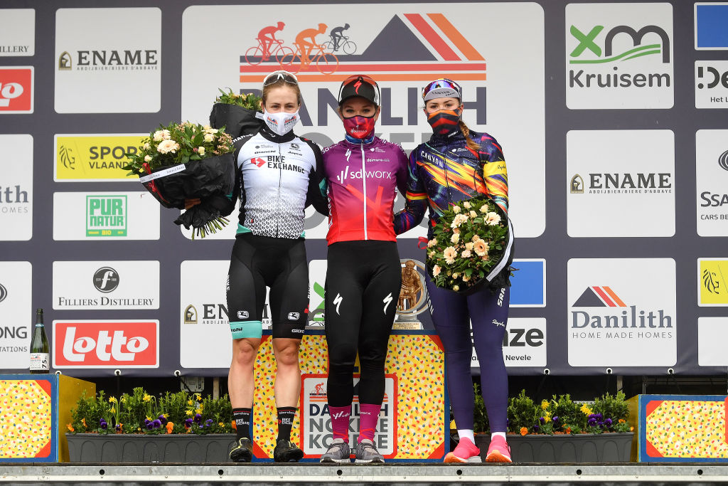 NOKERE BELGIUM MARCH 17 Podium Grace Brown of Australia and Team BikeExchange Amy Pieters of Netherlands and Team SD Worx Lisa Klein of Germany and Team Canyon SRAM Racing Celebration during the 3rd Nokere Koerse Danilith Classic 2021 Womens Elite a 124km race from Deinze to Nokere NokereKoerse on March 17 2021 in Nokere Belgium Photo by Mark Van HeckeGetty Images