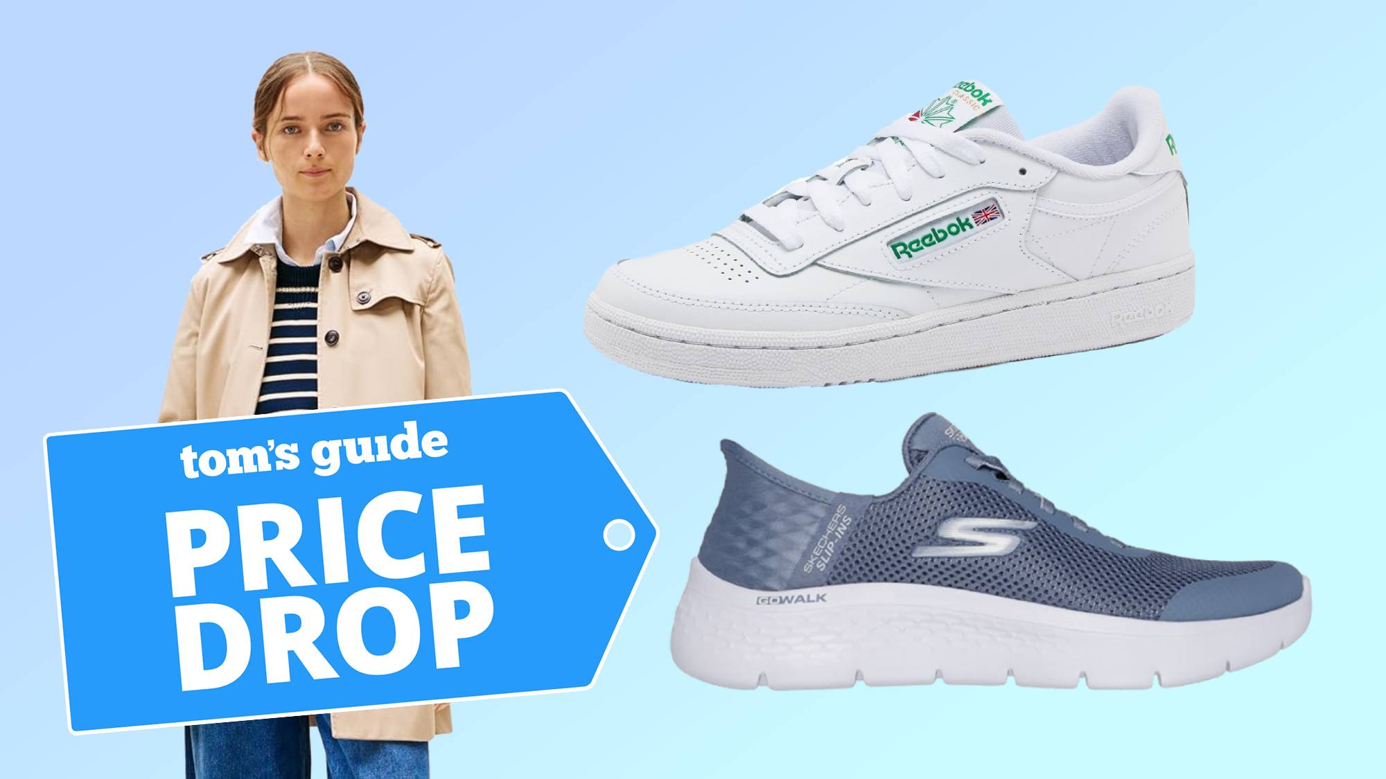 Tommy Hilfiger coat, Reebok sneakers, Skechers sneakers