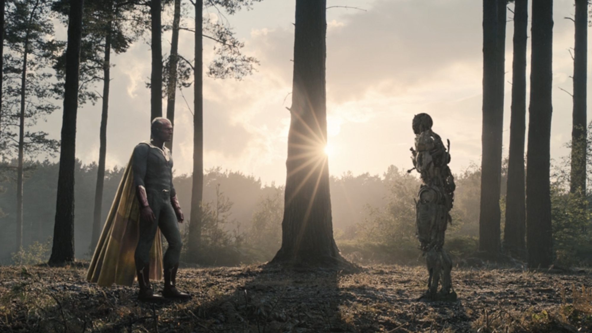 Vision (Paul Bettany) and Ultron (James Spader) talk in Avengers: Age of Ultron.