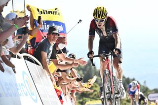 Ineos Grenadiers teams British rider Geraint Thomas cycles to the finish line of the 7th stage of the 109th edition of the Tour de France cycling race 1763 km between Tomblaine and La Super Planche des Belles Filles in eastern France on July 8 2022 Photo by Marco BERTORELLO AFP Photo by MARCO BERTORELLOAFP via Getty Images