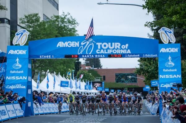 The peloton comes through the start-finishing area in Santa Rosa