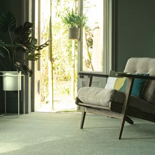 best carpet colour for living room, living room with green carpet, retro wood armchair with green seat, plants, green walls, view to garden, open doors