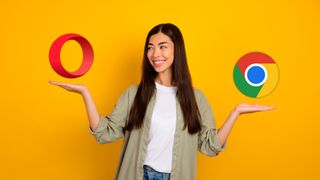 A smiling woman looking at the Opera browser icon in her hand, with the Google Chrome icon in her other hand.
