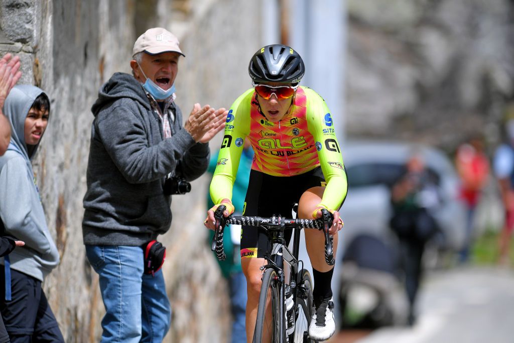 CASCATE DEL TOCE ITALY JULY 05 Marta Bastianelli of Italy and Team Ale Btc Ljubljana during the 32nd Giro dItalia Internazionale Femminile 2021 Stage 4 a 112km Individual Time Trial from Fondovalle to Cascate Del Toce 1714m ITT GiroDonne UCIWWT on July 05 2021 in Cascate Del Toce Italy Photo by Luc ClaessenGetty Images