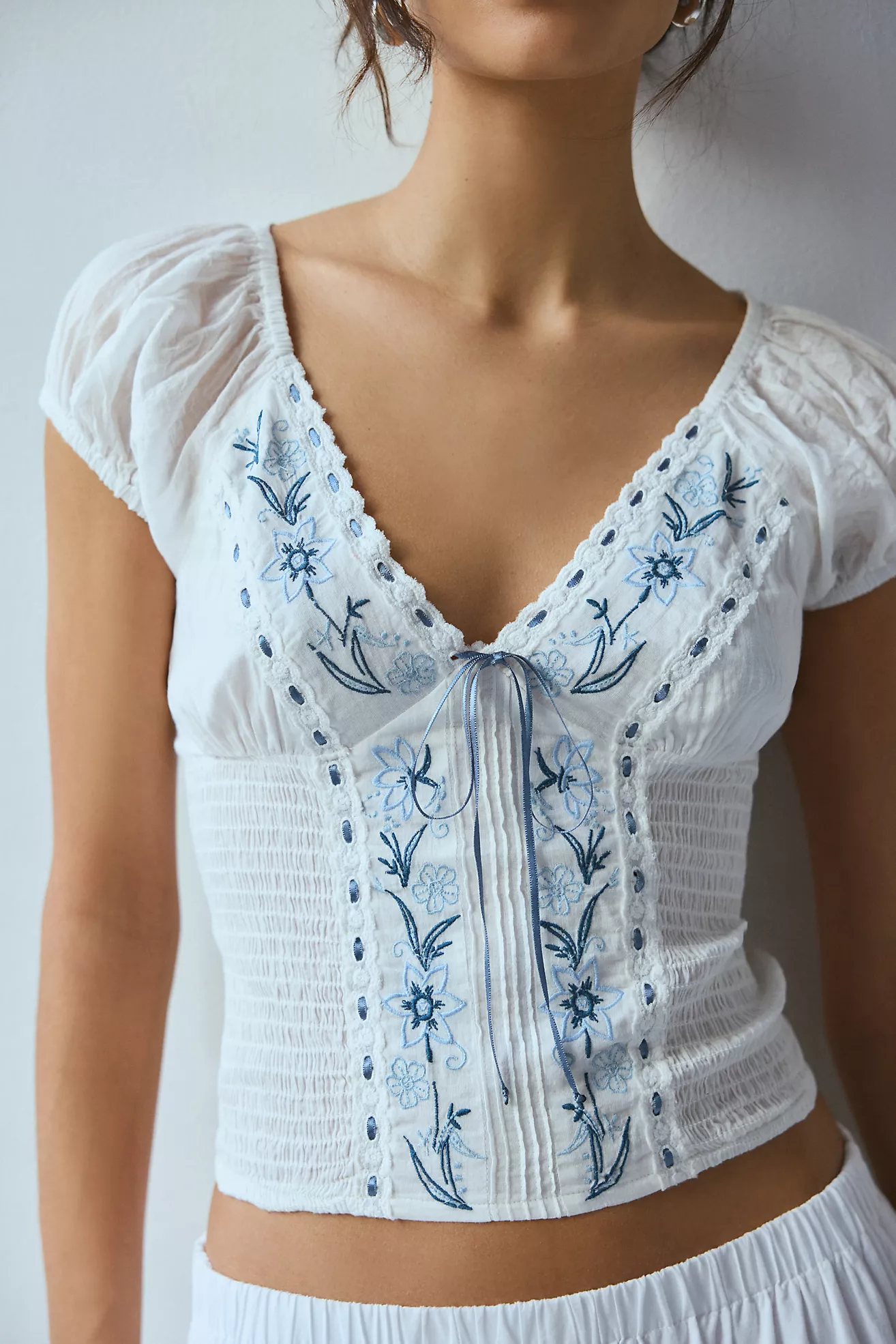 Kimchi Blue Nova Embroidered Smocked Crop Top