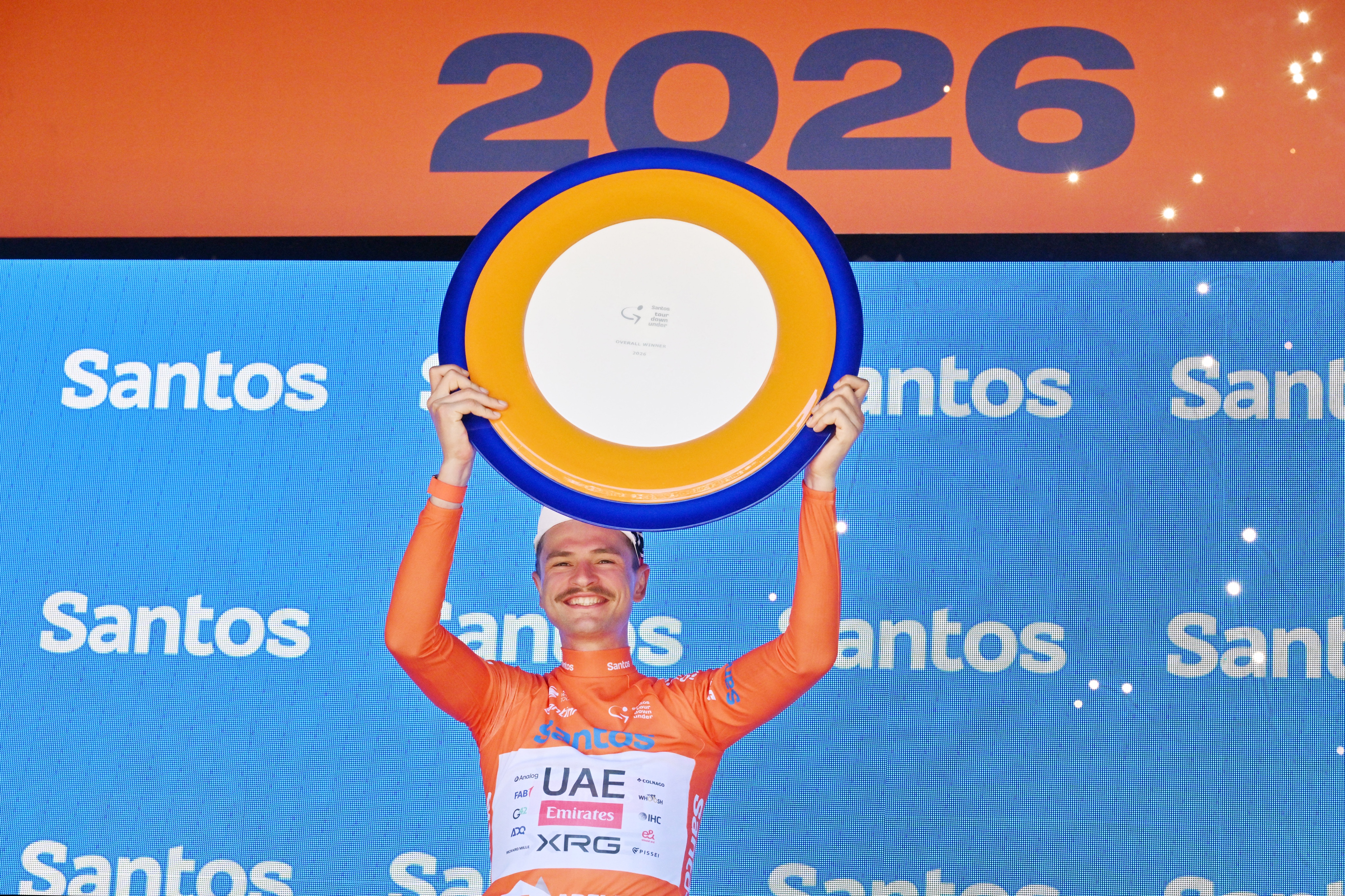 Jay Vine with his winner's trophy of the 2026 Tour Down under