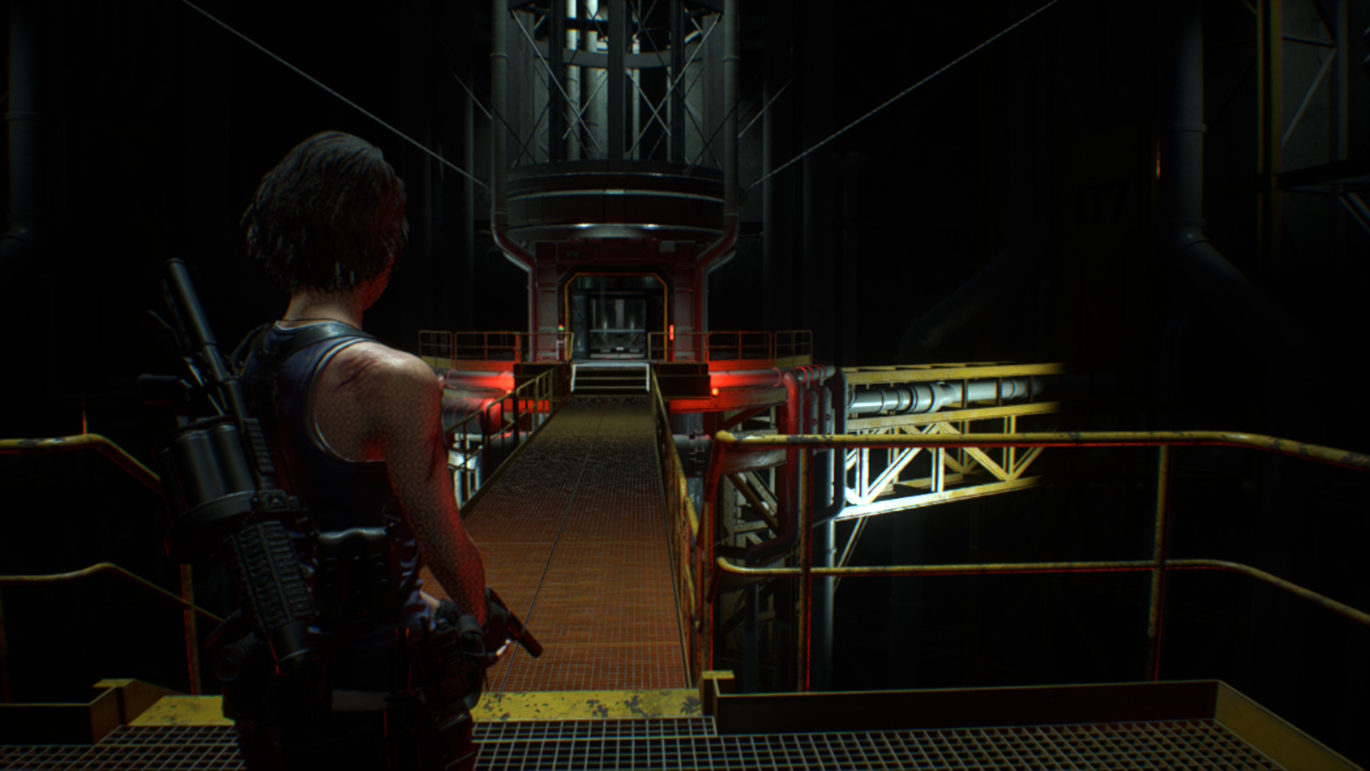 Jill walks forward with a handgun in Resident Evil 3 on Nintendo Switch 2