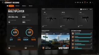 The combat record screen in Black Ops 6 showing wins, losses, kills, deaths, and weapon stats
