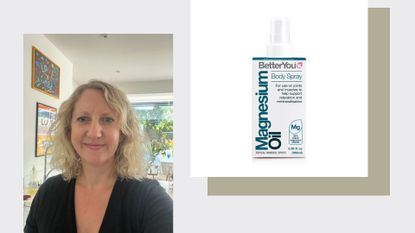 Kat Storr selfie next to product shot of magnesium oil from BetterYou, representing magnesium oil on feet for sleep