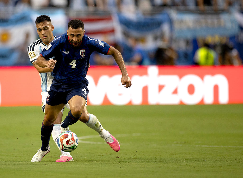 MIAMI, FLORIDA - JULY 03: Lopes Pico #4 of Cabo Verde controls the ball away from Argentina defender during the FIFA World Cup 2026 Round Of 32 match between Group J Winner and Group H Runner-Up at Miami Stadium on July 3, 2026 in Miami, Florida. (Photo by Michael Pimentel/ISI Photos/ISI Photos via Getty Images)