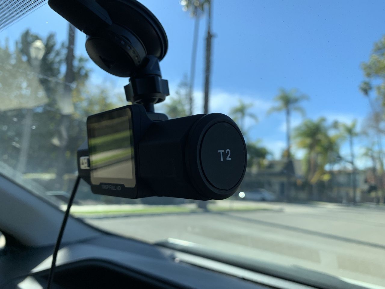 Vantrue T2 Dash Cam in car angled slightly from the passenger side