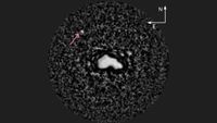 A white, blob-like object in the center of a circle that seems to have black and white dots. toward the top left within the circle, a pink arrow points to a white blob.