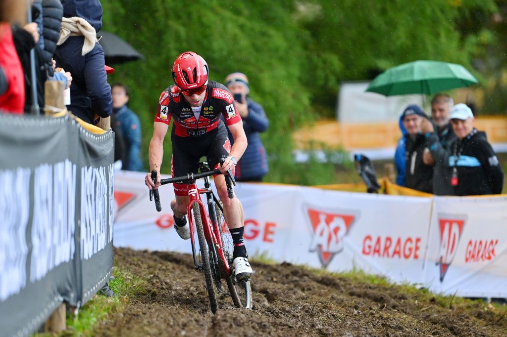 OVERIJSE BELGIUM OCTOBER 22 Eli Iserbyt of Belgium and Team Pauwels Sauzen Bingoal competes during the 63rd UCI Cyclocross World Cup Druivencross Overijse 2023 Mens Elite on October 22 2023 in Overijse Belgium Photo by Luc ClaessenGetty Images