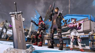 Thjree heroes in Tifa, Cloud and Yuffie cosmetics pose dramatically, a buster sword in the foreground